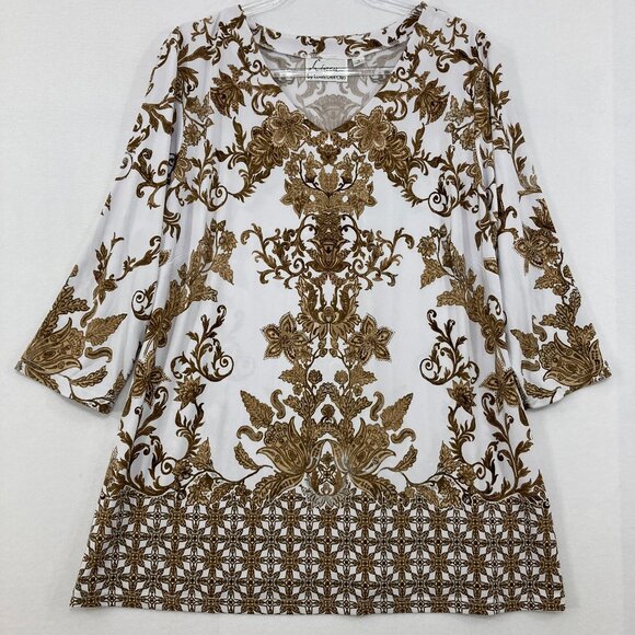 Linea by Louis Dell'Olio size 1X Brown White Damask Stretch Knit 3/4 Sleeve Top - Picture 1 of 8